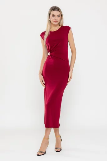 Rochie midi elegantă cu inel decorativ burgundy RLA0519
