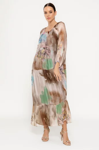 Rochie midi imprimeu floral mare bej RHF0305