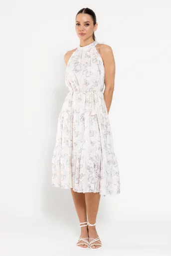 Rochie midi imprimeu fluturi crem RFY0305