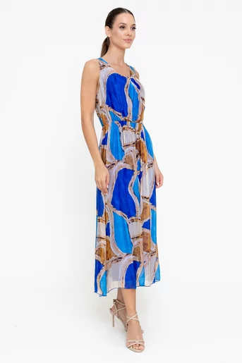 Rochie midi mătase imprimată albastră RGI0501