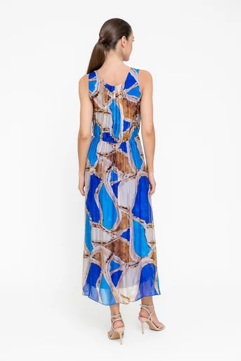 Rochie midi mătase imprimată albastră RGI0501