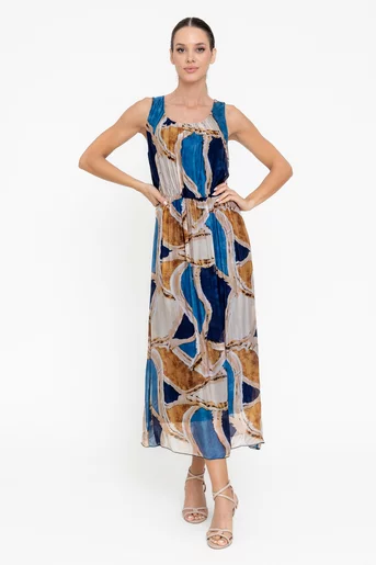 Rochie midi mătase imprimată bleumarin RGI0501