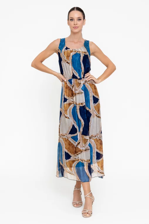 Rochie midi mătase imprimată bleumarin RGI0501 picture - 1