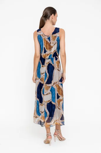 Rochie midi mătase imprimată bleumarin RGI0501