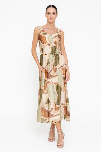 Rochie midi mătase imprimată kaki RGI0501