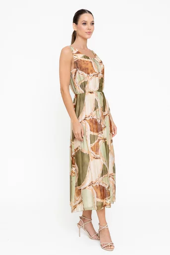 Rochie midi mătase imprimată kaki RGI0501