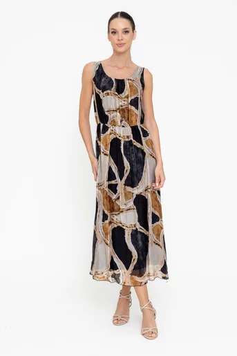 Rochie midi mătase imprimată neagră RGI0501