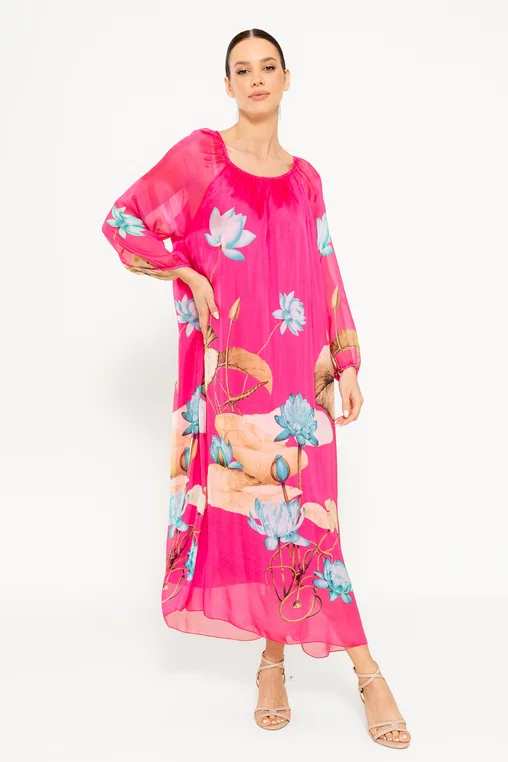Rochie midi mătase naturală fucsia RHF0301 picture - 5