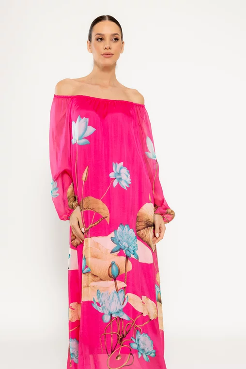 Rochie midi mătase naturală fucsia RHF0301 picture - 6