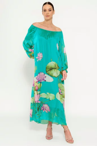 Rochie midi mătase naturală turcoazRHF0301
