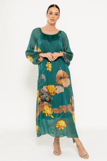 Rochie midi mătase naturală verde RHF0301