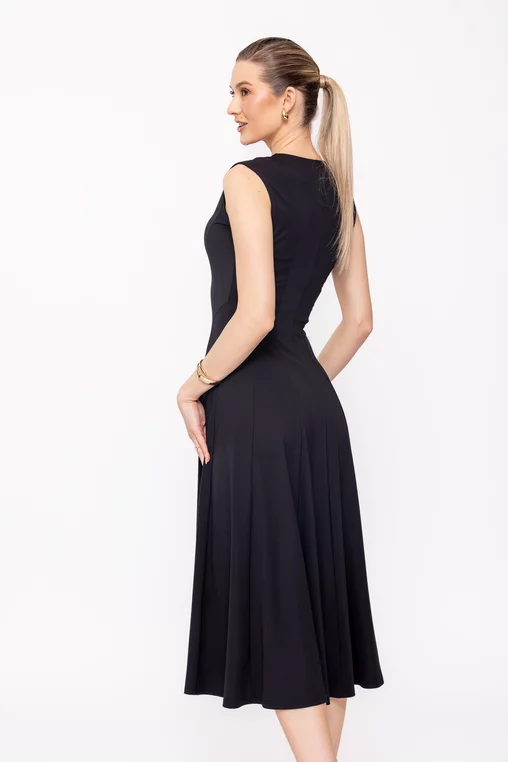Rochie midi neagră din jerseu, croială în clini R8509 picture - 3