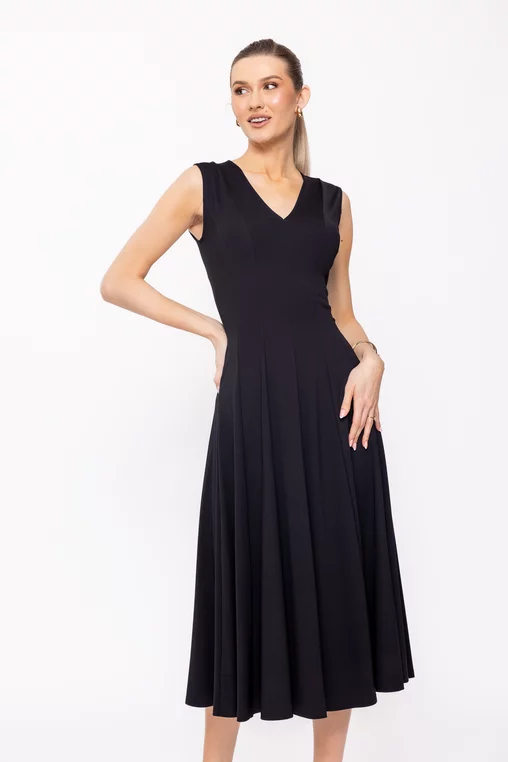 Rochie midi neagră din jerseu, croială în clini R8509 picture - 1