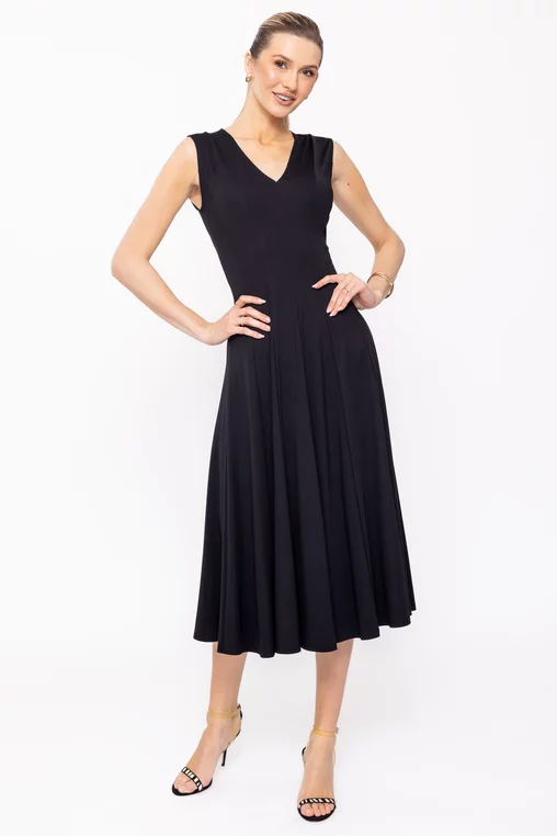 Rochie midi neagră din jerseu, croială în clini R8509 picture - 6