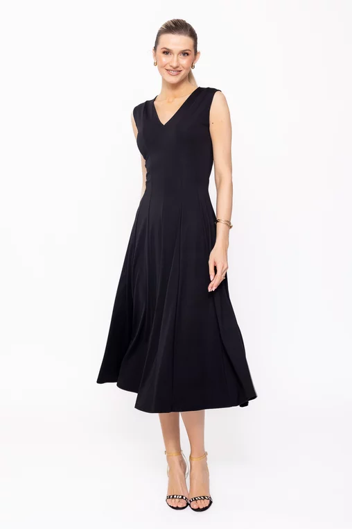 Rochie midi neagră din jerseu, croială în clini R8509 picture - 7