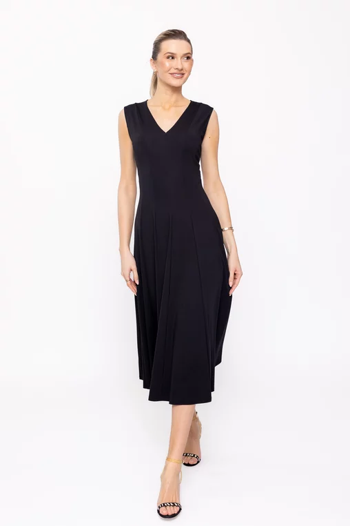 Rochie midi neagră din jerseu, croială în clini R8509 picture - 8