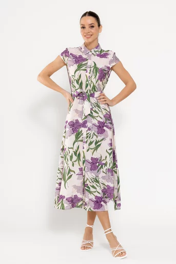 Rochie midi tip cămașă imprimeu floral mov RBD0308