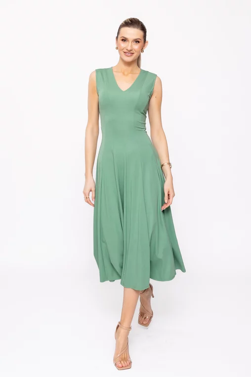 Rochie midi verde din jerseu, croială în clini R8509 picture - 3