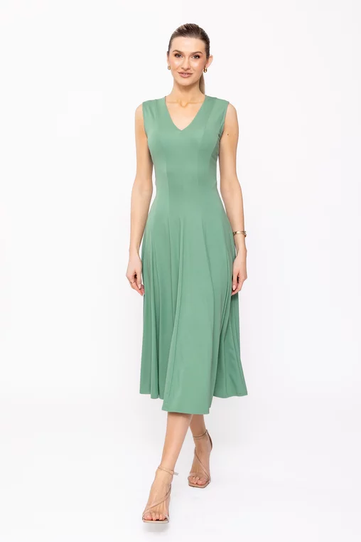 Rochie midi verde din jerseu, croială în clini R8509 picture - 4