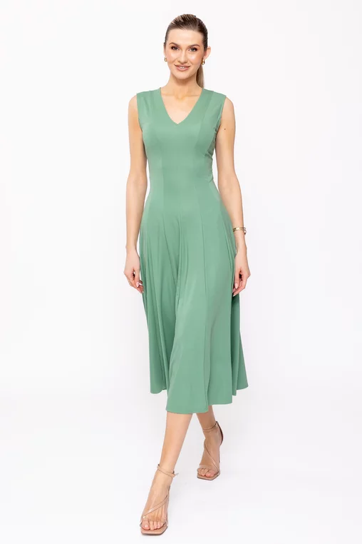 Rochie midi verde din jerseu, croială în clini R8509 picture - 5