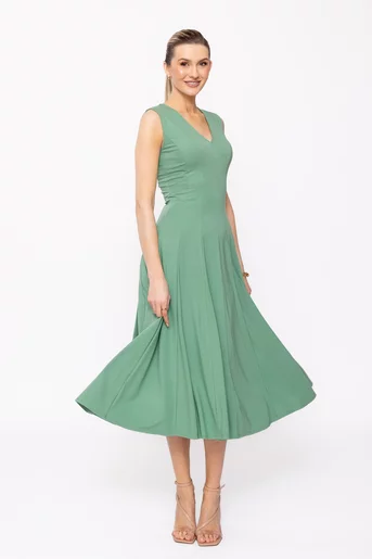 Rochie midi verde din jerseu, croială în clini R8509