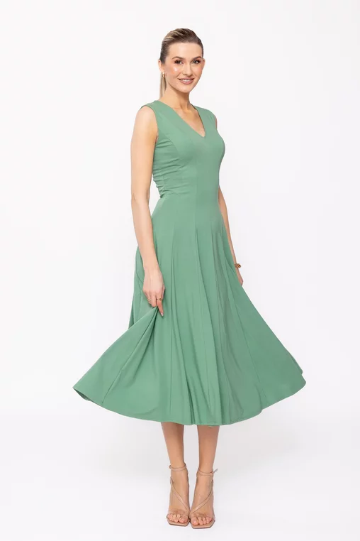 Rochie midi verde din jerseu, croială în clini R8509 picture - 1