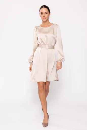 Rochie satinată cu curea bej RKCT0201