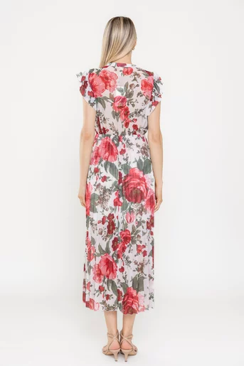 Rochie voal plisat imprimeu floral roșu RLA0526