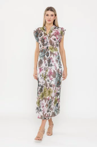 Rochie voal plisat imprimeu floral verde RLA0526