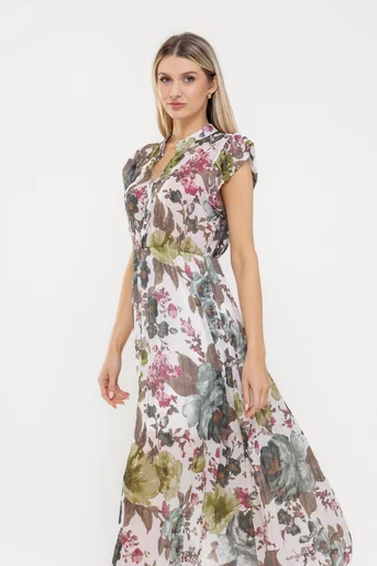 Rochie voal plisat imprimeu floral verde RLA0526