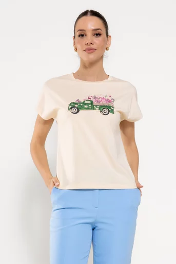 Tricou casual din bumbac cu panou mașină bej BROS0307