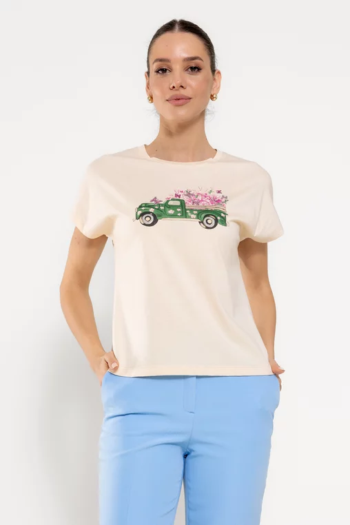 Tricou casual din bumbac cu panou mașină bej BROS0307 picture - 1