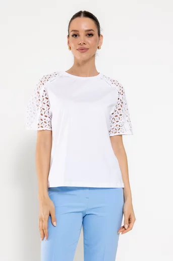 Tricou cu maneca ajurată alb BLA0307