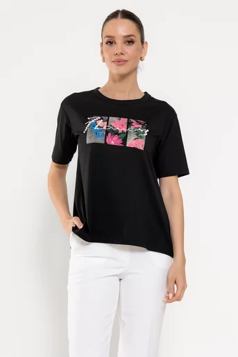 Tricou cu panou cu flori negru cu perle BROS0304
