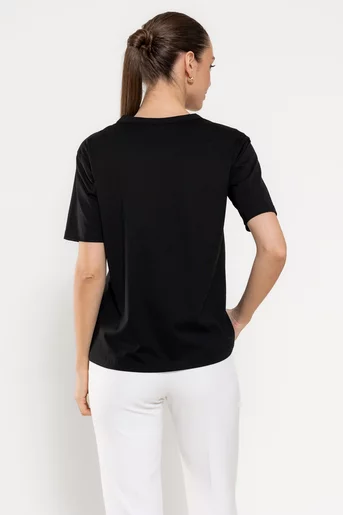 Tricou cu panou cu flori negru cu perle BROS0304