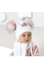 Set caciula si fular pentru bebelusi 6-12 luni - AJS 42-406 model pisica, alb cu motocei roz