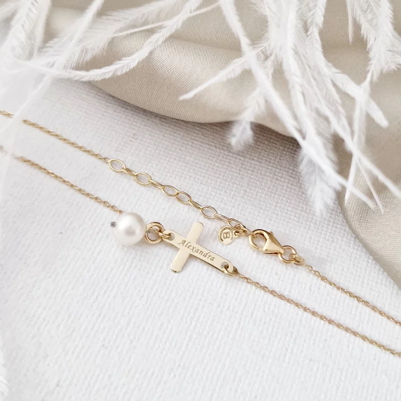 14K Kereszt Karkötő Gyönggyel