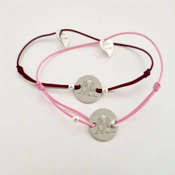 2 db-os karkötő szett természetes gyémánttal - Sisters Forever - 15 mm-es érme 2 nővér/barátnő sziluettel - Gyöngyök 4 mm - Ezüst 925 - Zsinór