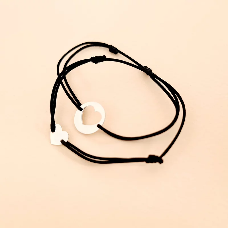 2 Részes Karkötő Szett - Érme És Szív - 14K Fehér Arany - Állítható Zsinór