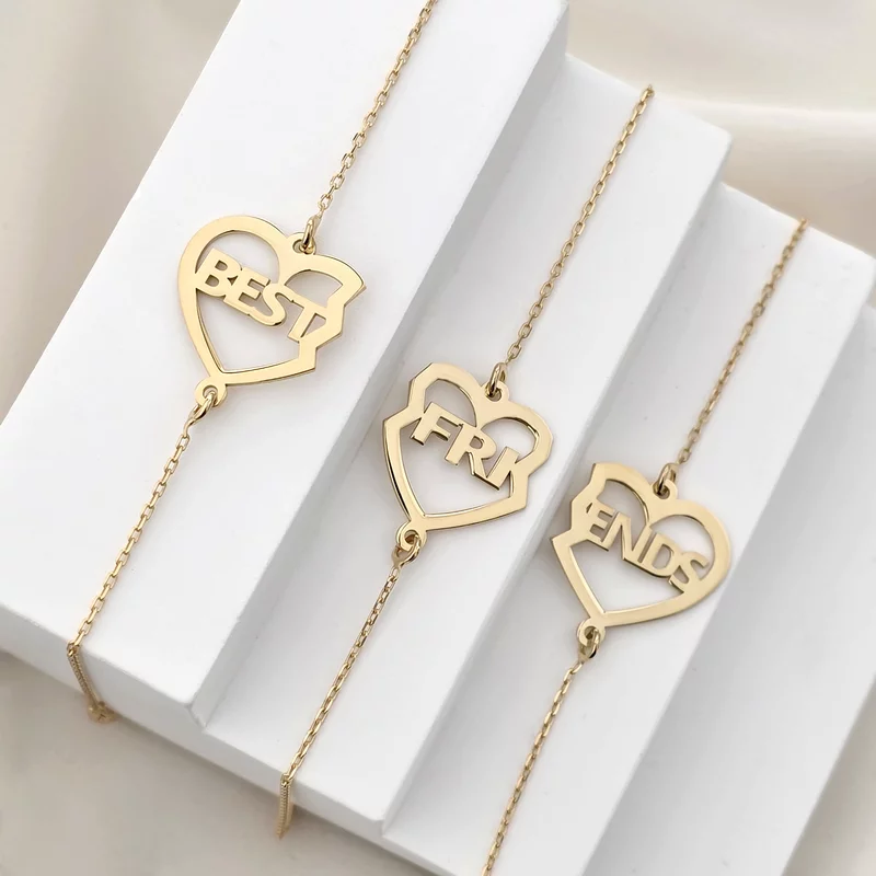 3 Darabos Karkötőszett – Szív Puzzle – BEST FRIENDS – 18K Sárga Aranyozott 925 Sterling Ezüst - Lánc