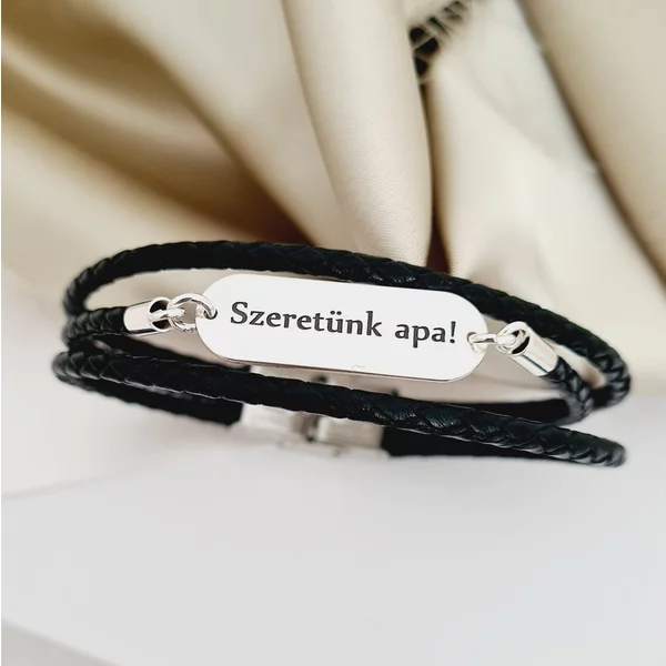 3 Soros Férfi Karkötő - 925 Sterling Ezüst Gravírozott Tábla - Fekete Fonott Bőr Kapocs