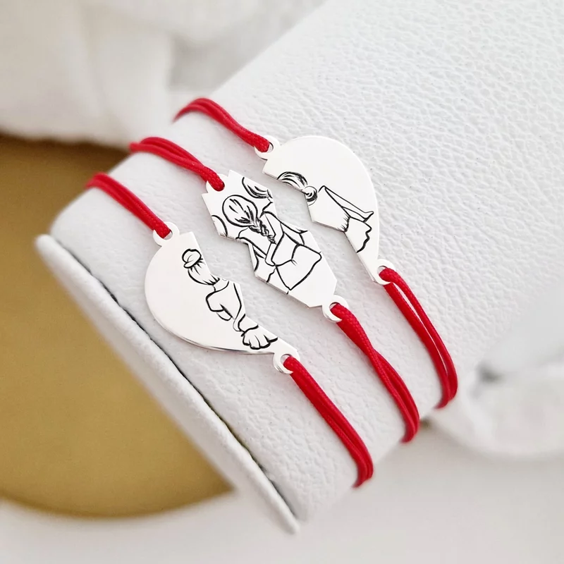 Ezüst 3 Nővér/Barátnő Puzzle Karkötő Szett állítható zsinórral