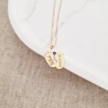 Baba Talp Nyaklánc - 18K Sárga Aranyozott Sterling Ezüst - Dátum, Név Swarovski Kristály -Körkapocs