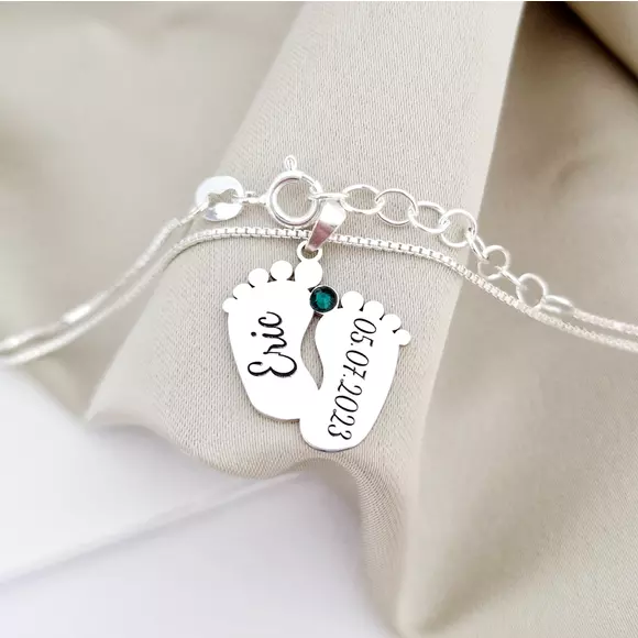 Baba Talp Nyaklánc - 925 Sterling Ezüst - Dátum, Név Swarovski Kristály -Körkapocs
