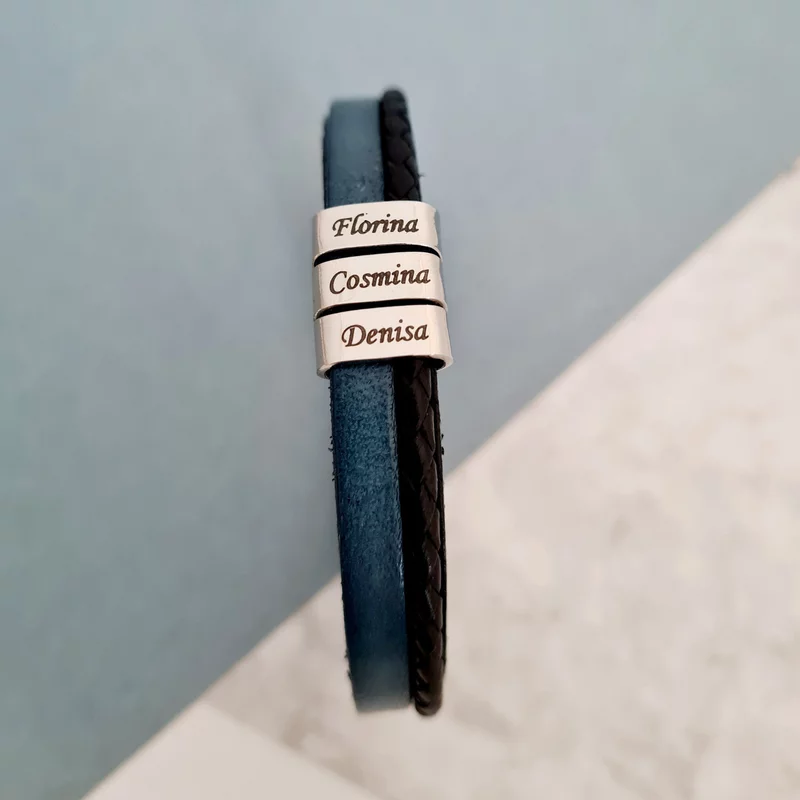 Blue&Black férfi karkötő - 3 ezüst színű rozsdamentes acél elem - Bőr 2 színben, rozsdamentes klipszes kapcsokkal