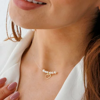 Choker Nyaklánc Gyöngyökkel - Szerelem Tüköröződése - 14K Sárga Arany Szív - Körkapocs