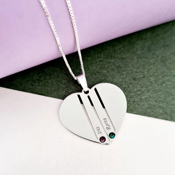 Családi Szív Nyaklánc - 2 Név - 925 Sterling Ezüst  Swarovski Kristály - Körkapocs