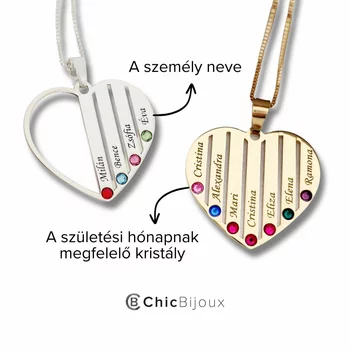 Családi Szív Nyaklánc - 3 Név - 18K Rozé Aranyozott 925 Sterling Ezüst  Swarovski Kristály - Körkapocs