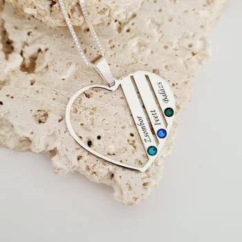 Családi Szív Nyaklánc - 925 Sterling Ezüst - 3 Név és Swarovski Kristályok