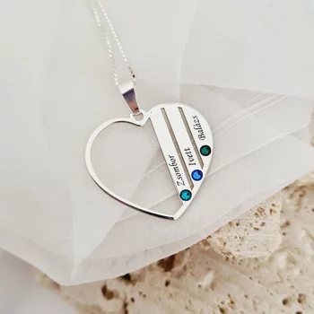 Családi Szív Nyaklánc - 925 Sterling Ezüst - 3 Név és Swarovski Kristályok